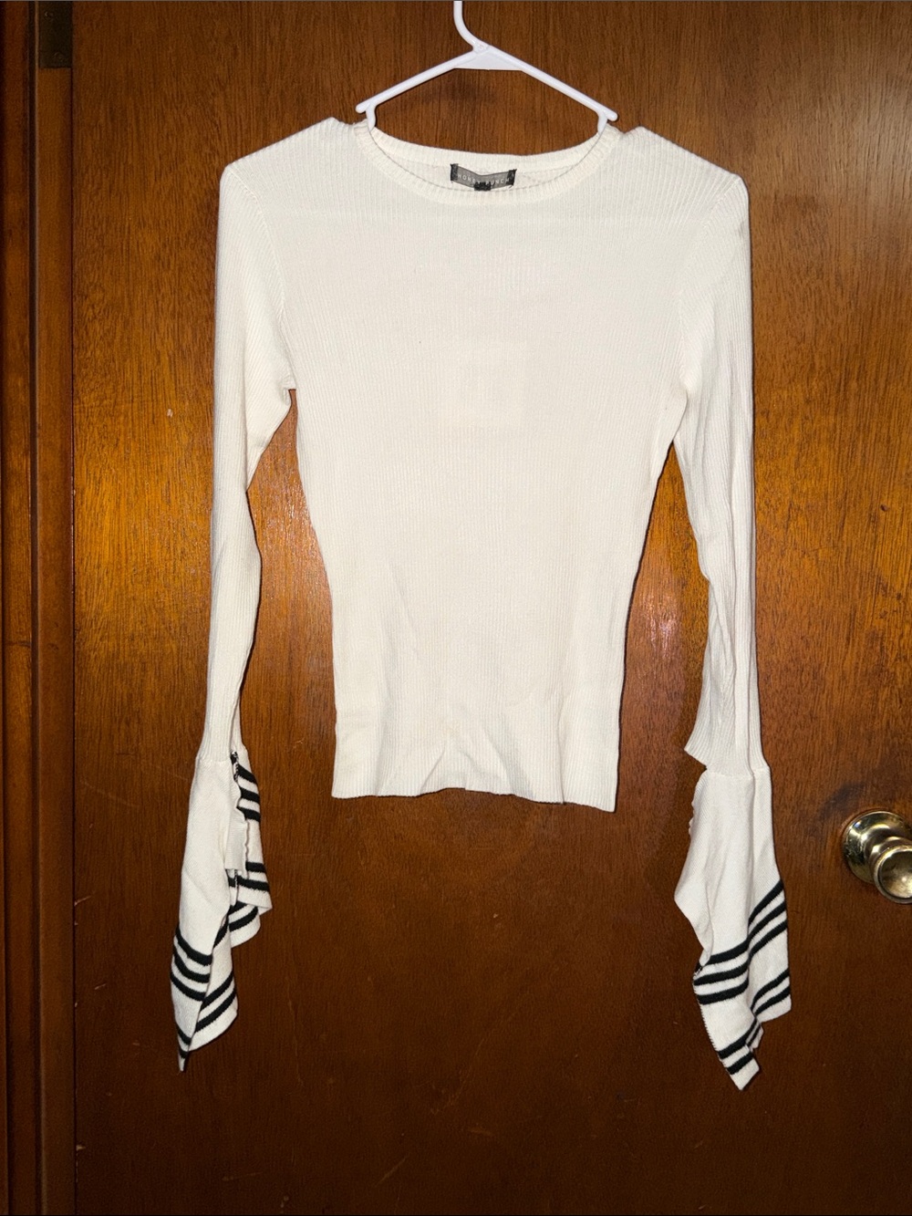 Honey Punch Cream Ribbed Long-Sleeve Top with Black Striped Flared Cuffs